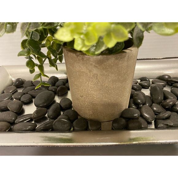 Artificial Plant with Stone Style Planter on Silver Tray with Black River Rocks - Picture 4 of 10
